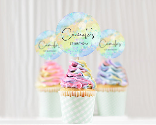 Editable Rainbow Cupcake Toppers Pastel Cupcake Toppers Colorful Pastel Wate