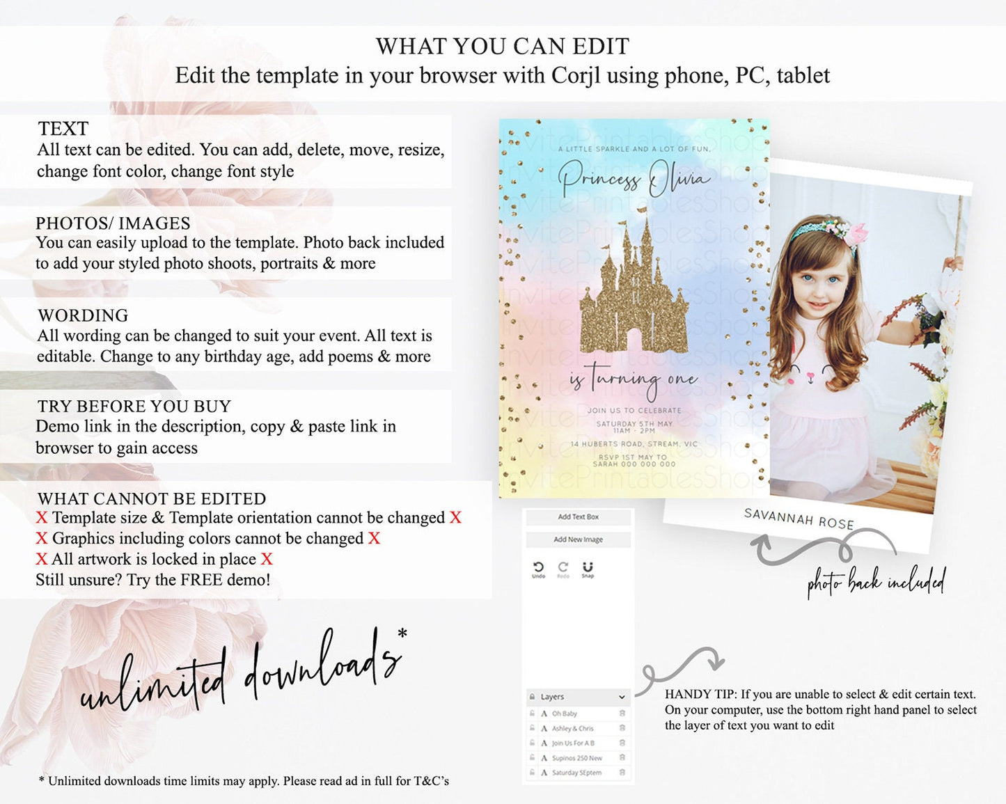 Princess Birthday Invitation Princess Invitation Pastel Invitation Royal Birthday Rainbow Color Enchanted Castle 1st First Birthday D10895