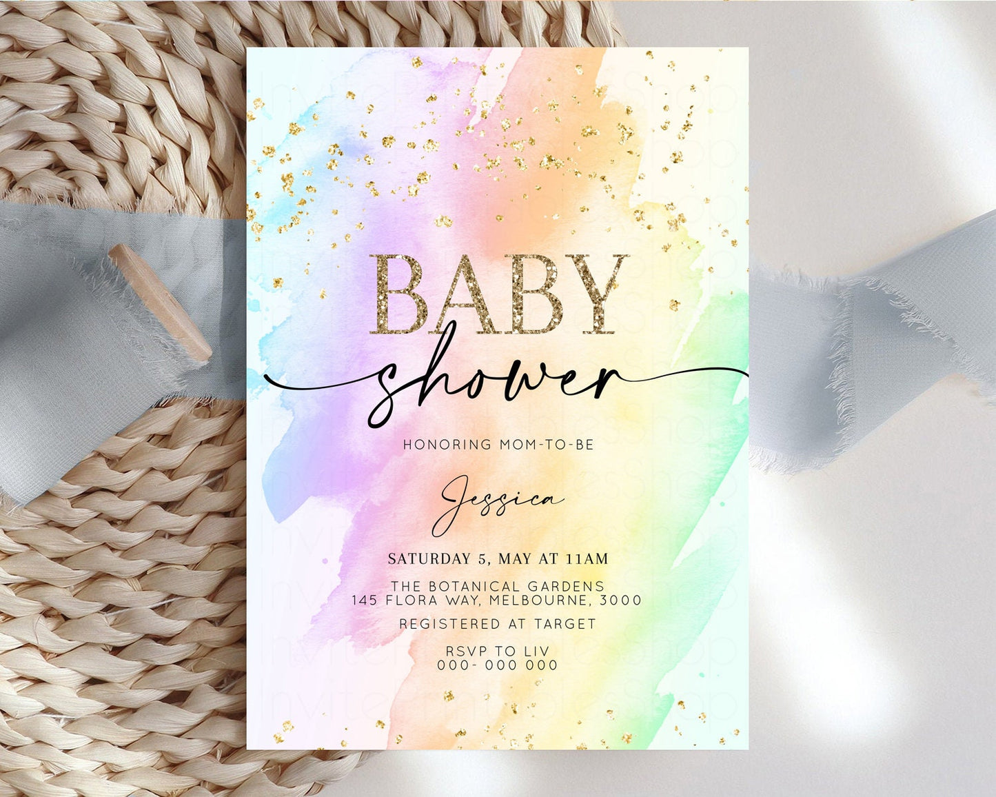 Rainbow Baby Shower Invitation Pastel Baby Shower Invitation Watercolor Ombre Invitation Rainbow Pastel Colors Invite Glitter Confetti t602