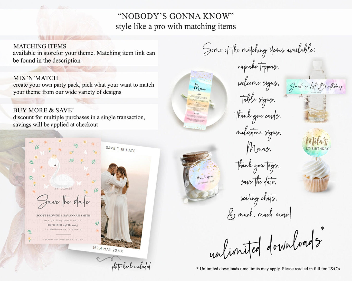 Swan Save The Date Template Swan Princess Ballet Party Enchanted Swan Lake Secret Garden Pastel Floral Birthday Baptism Baby Shower D10388