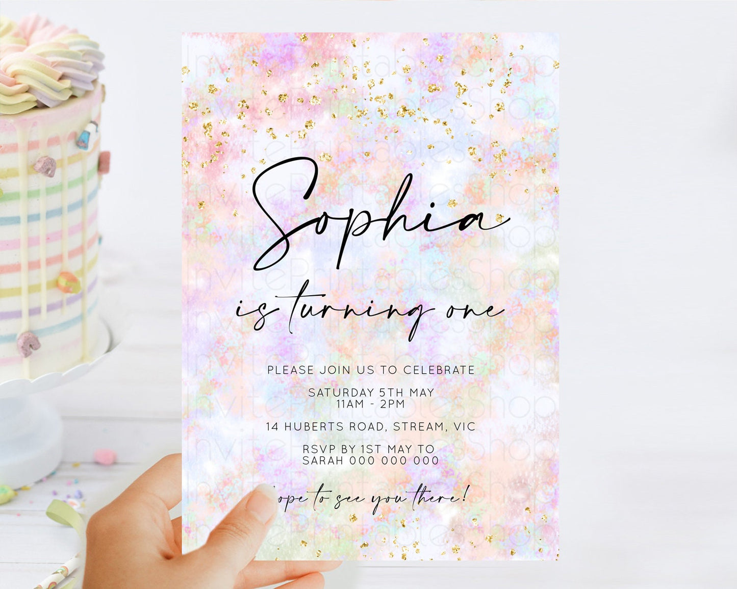 Editable Rainbow Birthday Invitation Colorful Pastel Watercolor Invitation G
