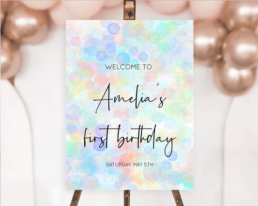 Pastel Welcome Sign Bubble Bath Birthday Party Rainbow Welcome Board Pastel Bubbles Colorful Confetti First Birthday Welcome Sign D10445