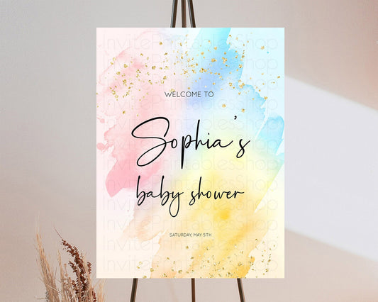 Pastel Baby Shower Welcome Sign Pastel Rainbow Welcome Sign Colorful Rainbow Confetti Watercolor Glitter Décor Pastel  Welcome Sign D10557