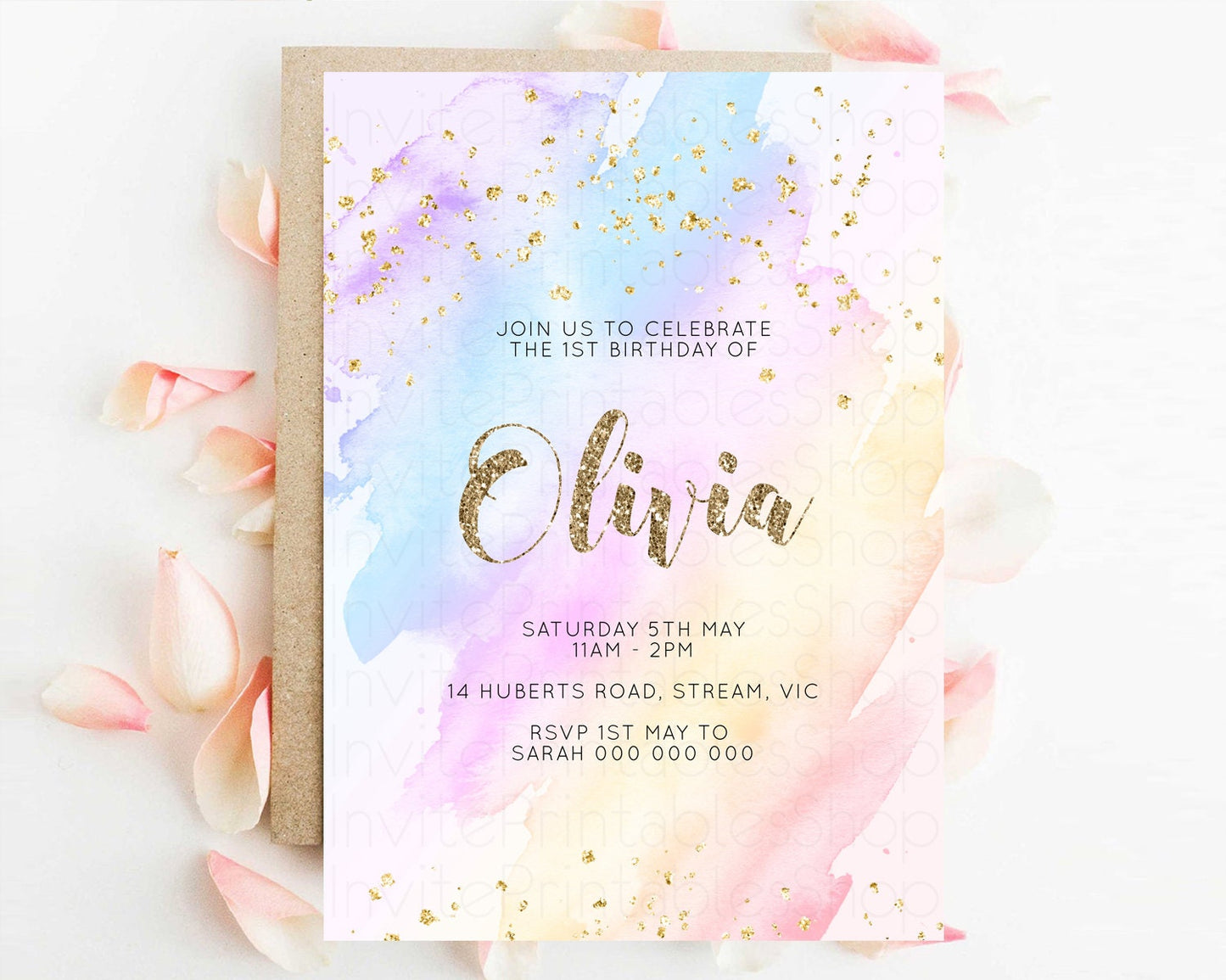 Rainbow Birthday Invitation Glitter Pastel Invitation Colorful Watercolor Gold Foil Splatter Sprinkle Ombre 1st 2nd 3rd Birthday Invite g600