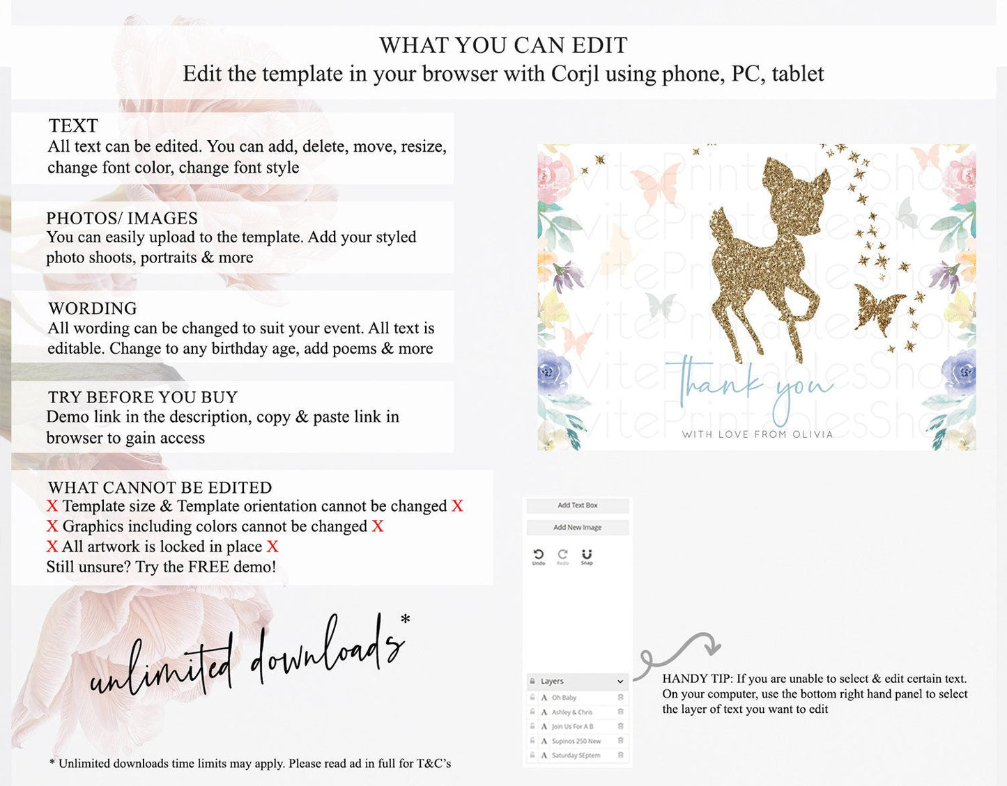 Fawn Thank You Deer Thank You Card Pastel Floral Deer Birthday Thank You Card Enchanted Forest Butterfly Deer Teacher Thank You Card D10878