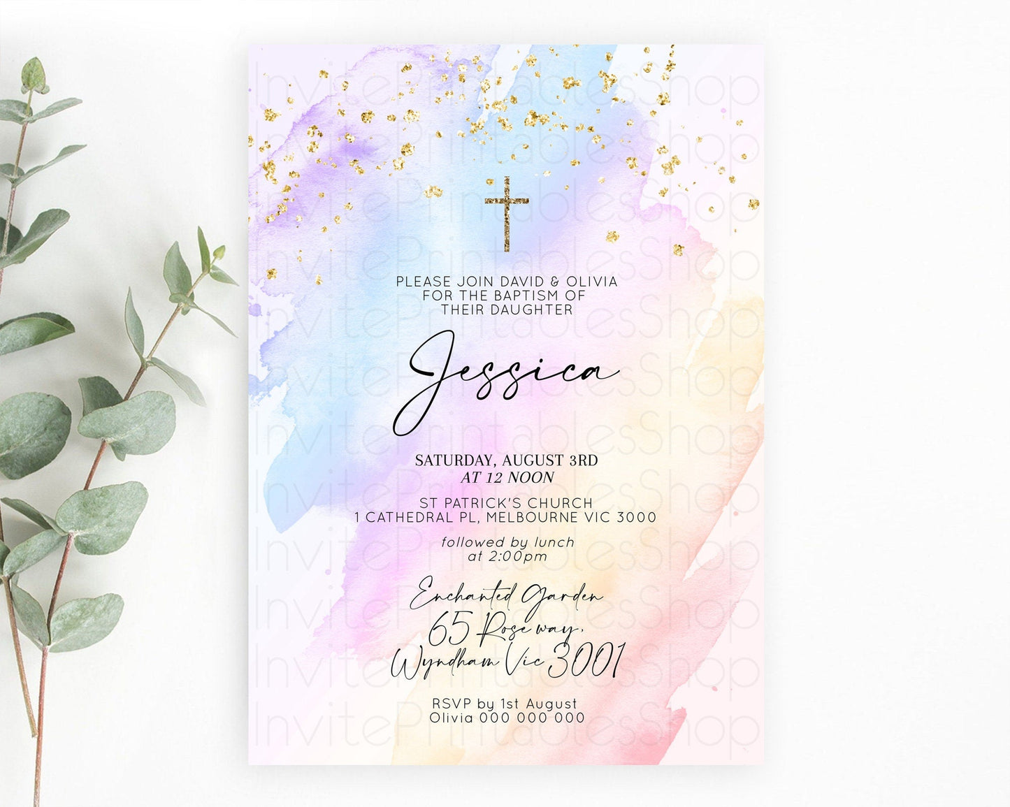 Pastel Baptism Invitation Pastel Colors Watercolor Baptism 1st Birthday Party Gold Ombre Pastel Rainbow Christening Holy Communion D10635