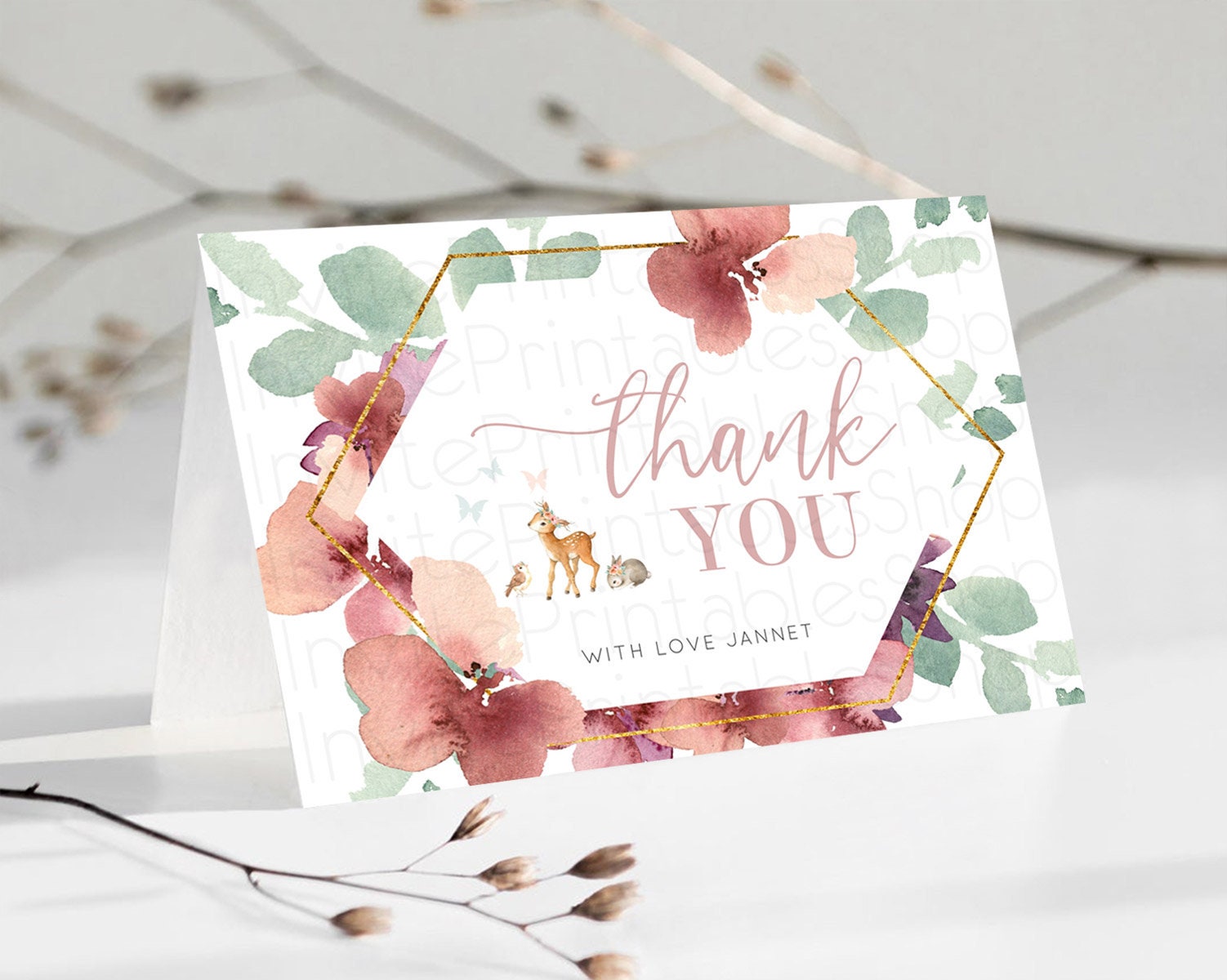 Editable Fawn Thank You Deer Thank You Card Pastel Floral Deer Birthday Than