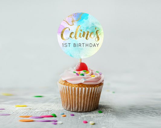 Editable Rainbow Cupcake Toppers Pastel Cupcake Toppers Colorful Pastel Wate