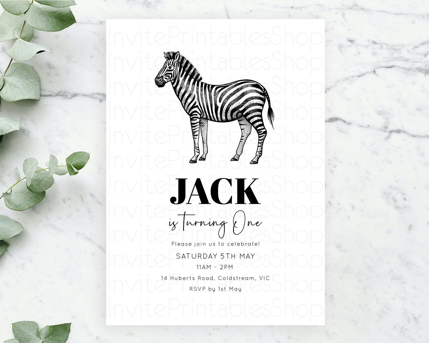 Zebra Birthday Invitation Zebra Invite Jungle Safari invite Watercolor Tropical Palm Invite Adventure Zoo Party Wild Animal Party D10249