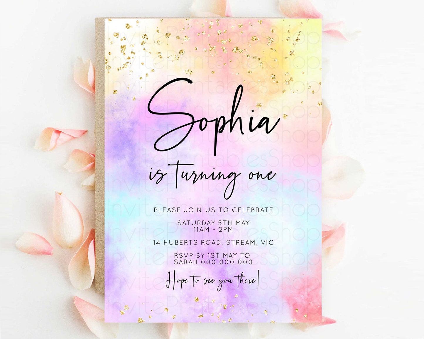 Rainbow Birthday Invitation Colorful Pastel Watercolor Invitation Gold Glitter Sprinkles Ombre Pastel 1st 2nd 3rd Birthday D10437