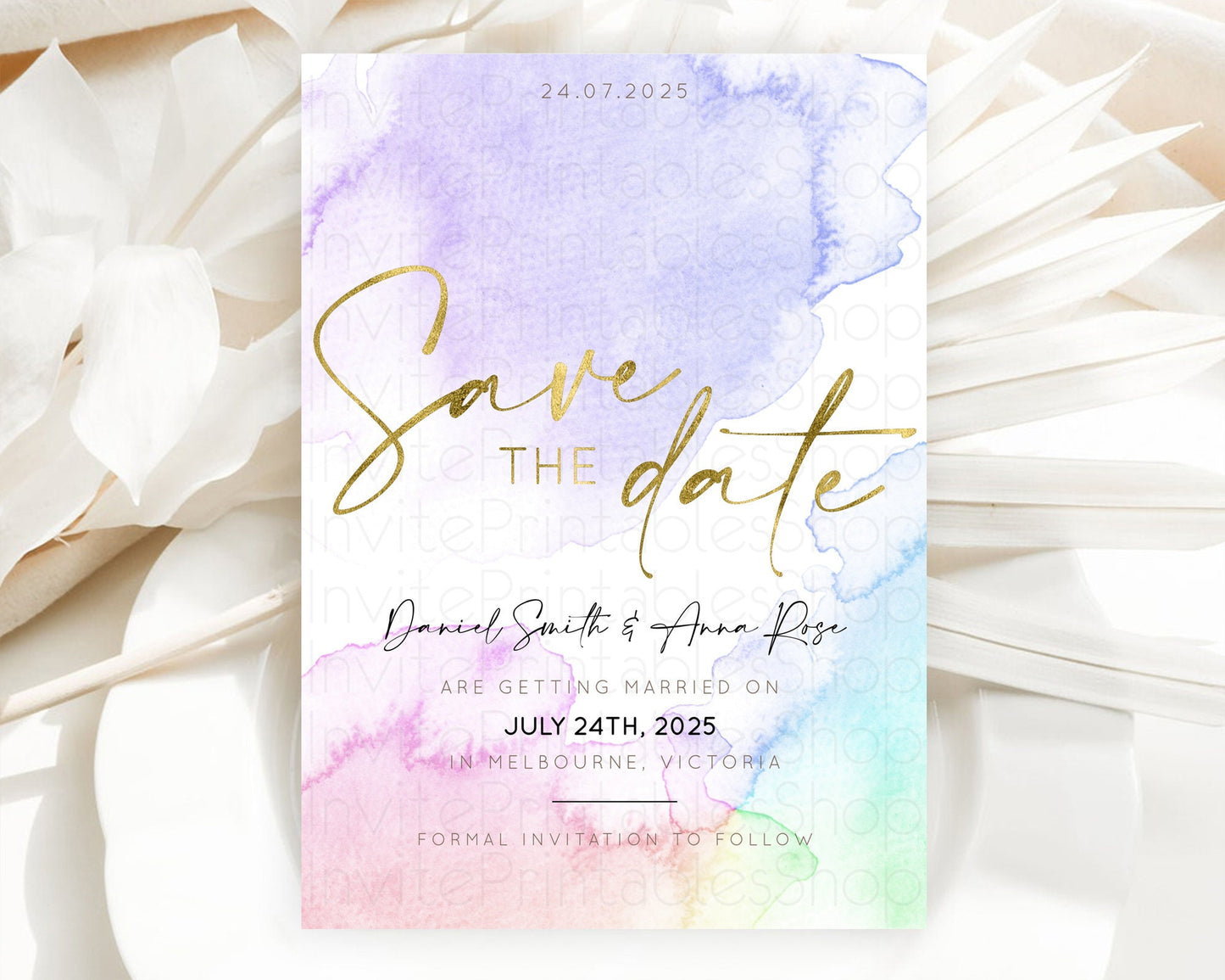 Pastel Save The Date Template Pastel Ombre Rainbow Watercolor Colorful Party For Birthday Baptism Baby Shower Wedding Bridal Shower D10215