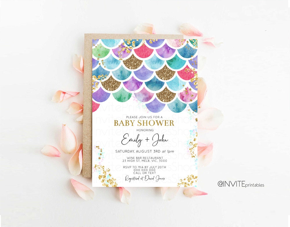 Mermaid Baby Shower Invitation Pastel Rainbow Baby Invite Under the Sea Invite Watercolor Baby Shower Invite Glitter Sprinkles Invite 575