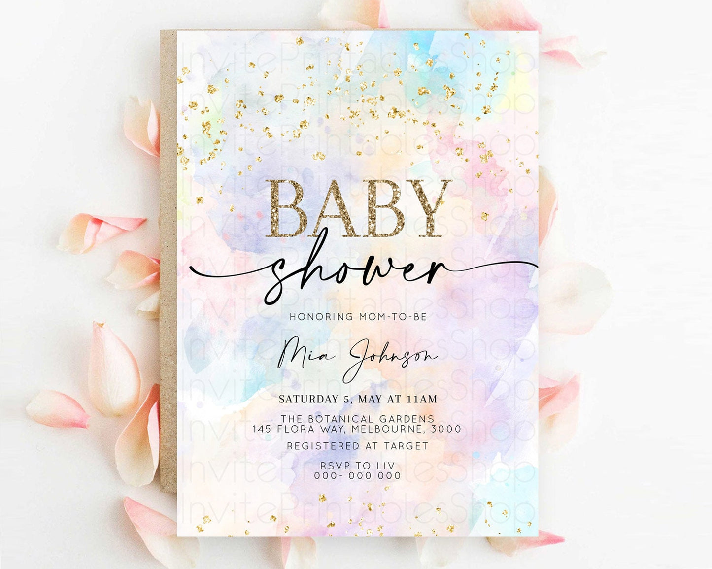 Pastel Baby Shower Invitation Rainbow Baby Shower Invitation Colorful Pastel Watercolor Invitation Gold Glitter Sprinkles Ombre D10605