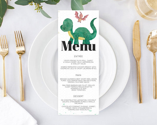 Dinosaur Menu Dinosaur Volcano Menu Template Dinosaur Table Decor Watercolor Volcano T-Rex Raptor Jurassic Dinner Dessert Food Menu D10153