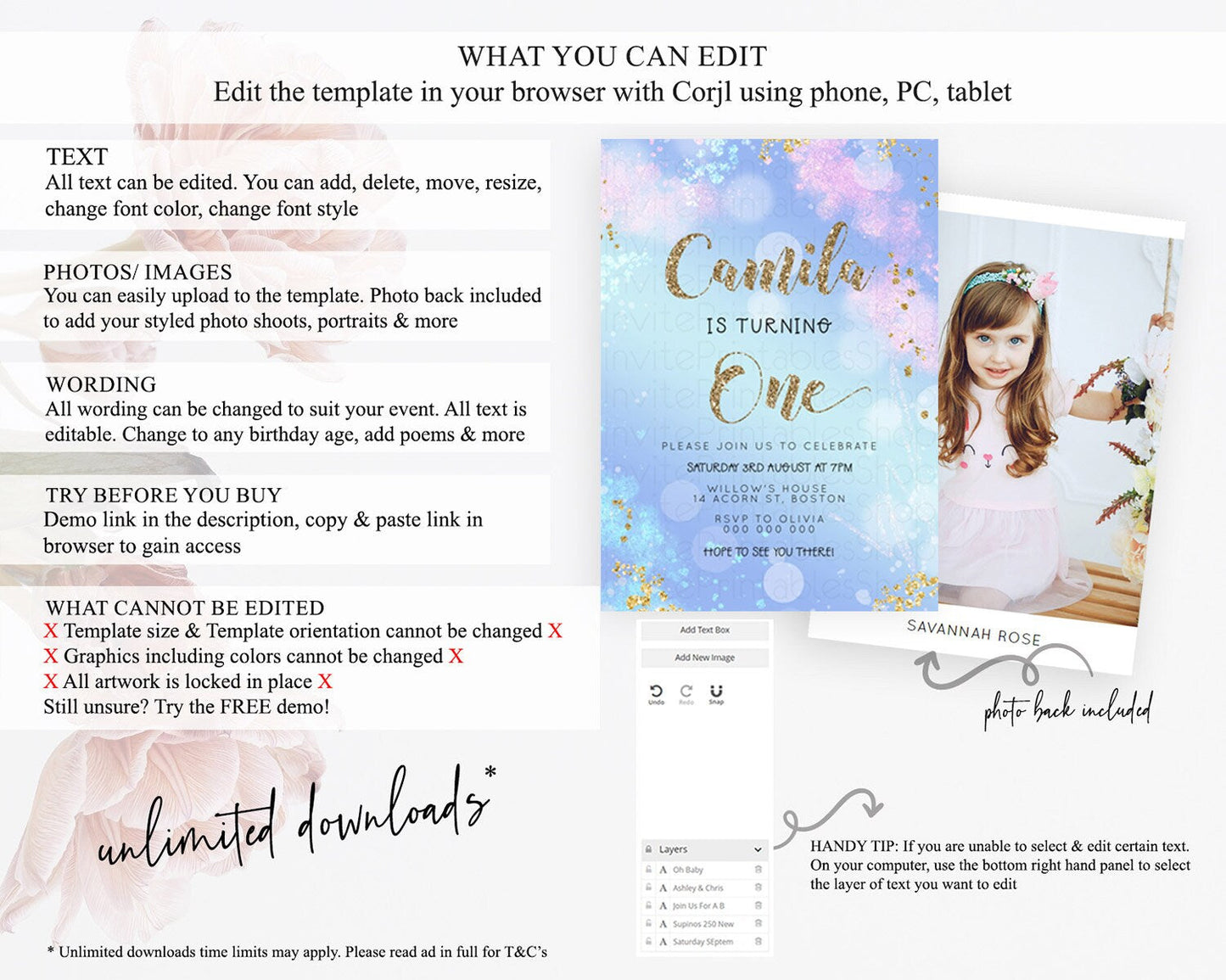 Rainbow Birthday Invitation Colorful Pastel Watercolor Invitation Gold Glitter Sprinkles Ombre Pastel 1st 2nd 3rd Birthday D23124