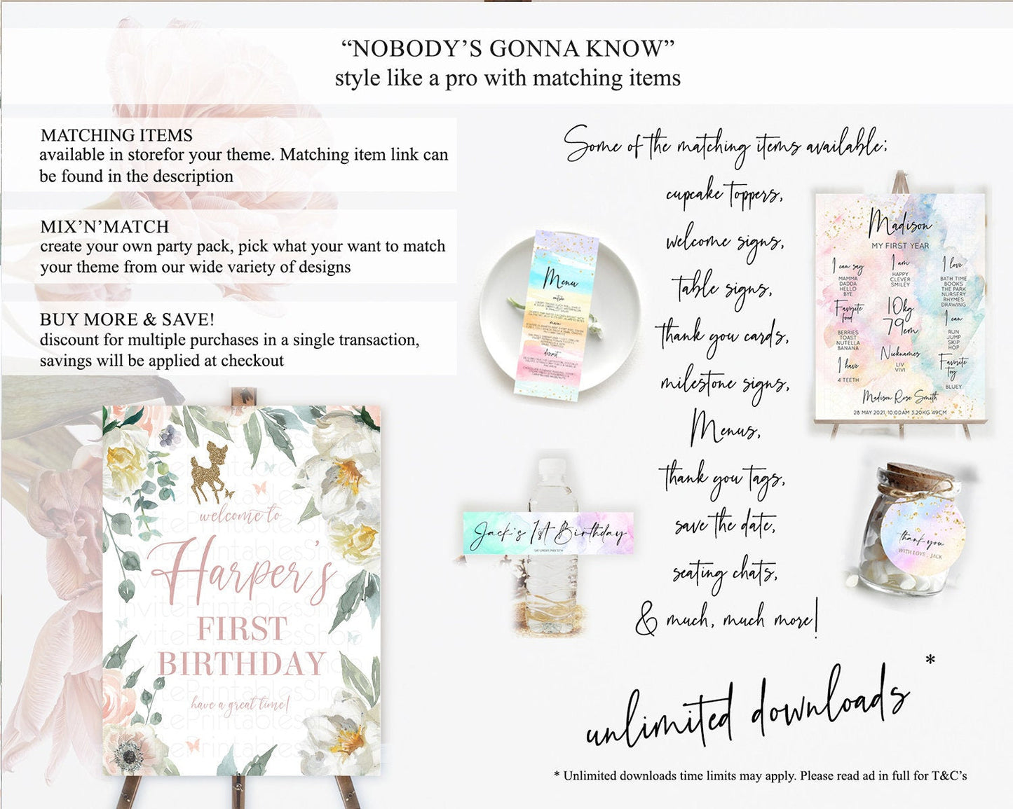Fawn Welcome Sign Deer Welcome Board Floral Deer Welcome Poster Enchanted Forest Butterfly Pastel Floral First Birthday Welcome Sign D10120