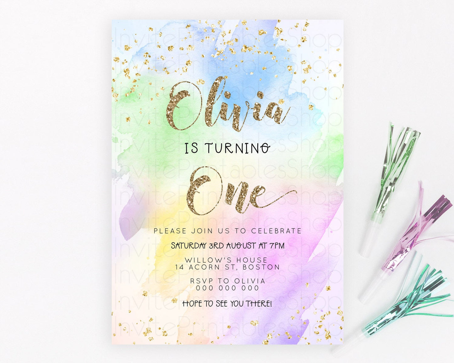 Rainbow Birthday Invitation Colorful Pastel Watercolor Invitation Gold Glitter Sprinkles Ombre Pastel 1st 2nd 3rd Birthday D23304