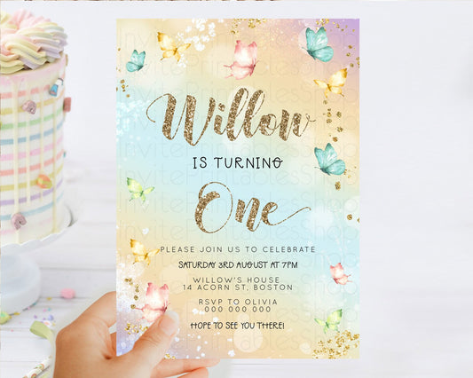 Pastel Butterfly Birthday Invitation Butterfly Birthday Invitation Colorful Splash Glitter Butterfly Garden 1st 2nd Birthday D23087