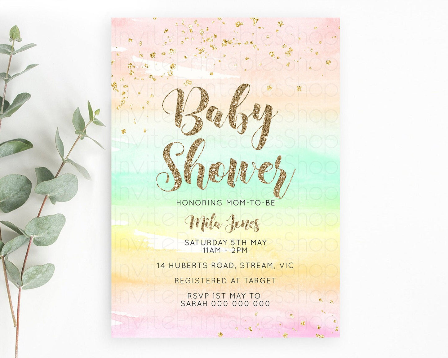 Pastel Baby Shower Invitation Rainbow Baby Shower Invitation Colorful Pastel Watercolor Invitation Gold Glitter Sprinkles Ombre D10592