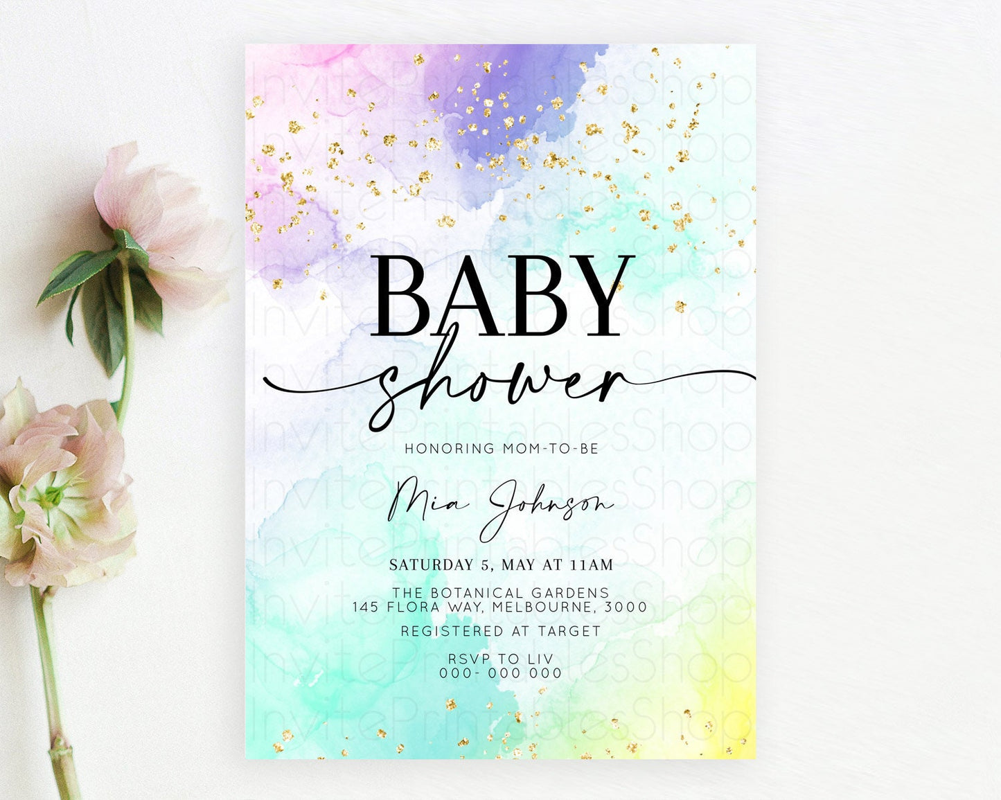 Pastel Baby Shower Invitation Rainbow Baby Shower Invitation Colorful Pastel Watercolor Invitation Gold Glitter Sprinkles Ombre D10157