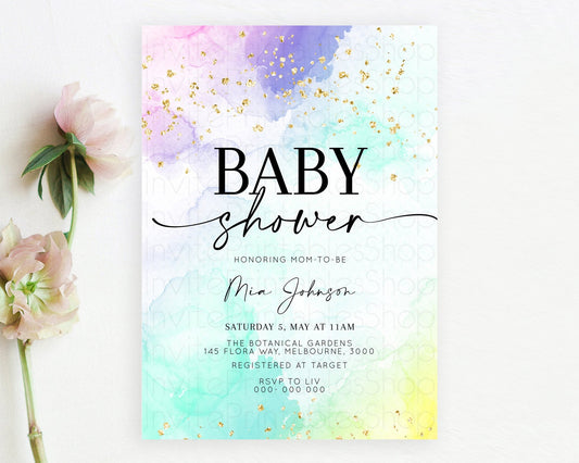 Pastel Baby Shower Invitation Rainbow Baby Shower Invitation Colorful Pastel Watercolor Invitation Gold Glitter Sprinkles Ombre D10157