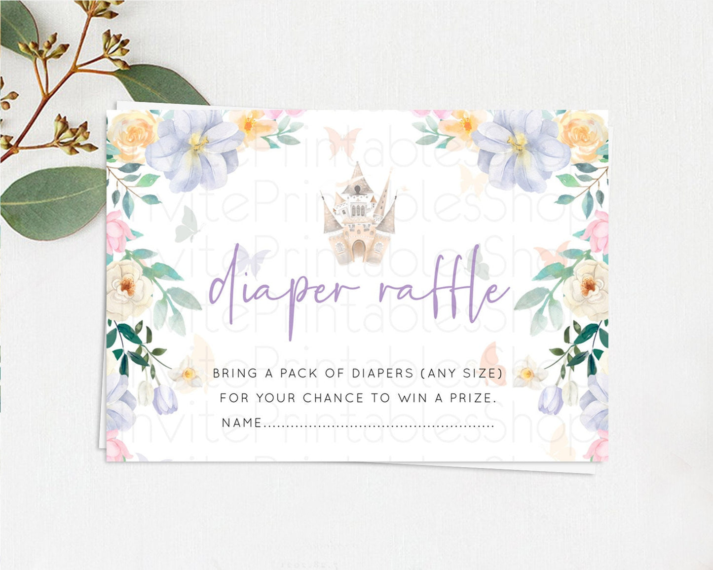 Princess Diaper Raffle Card Castle Diaper Ticket Insert Secret Garden Enchanted Castle Pastel Floral Garden Baby Shower Poem Request D10473