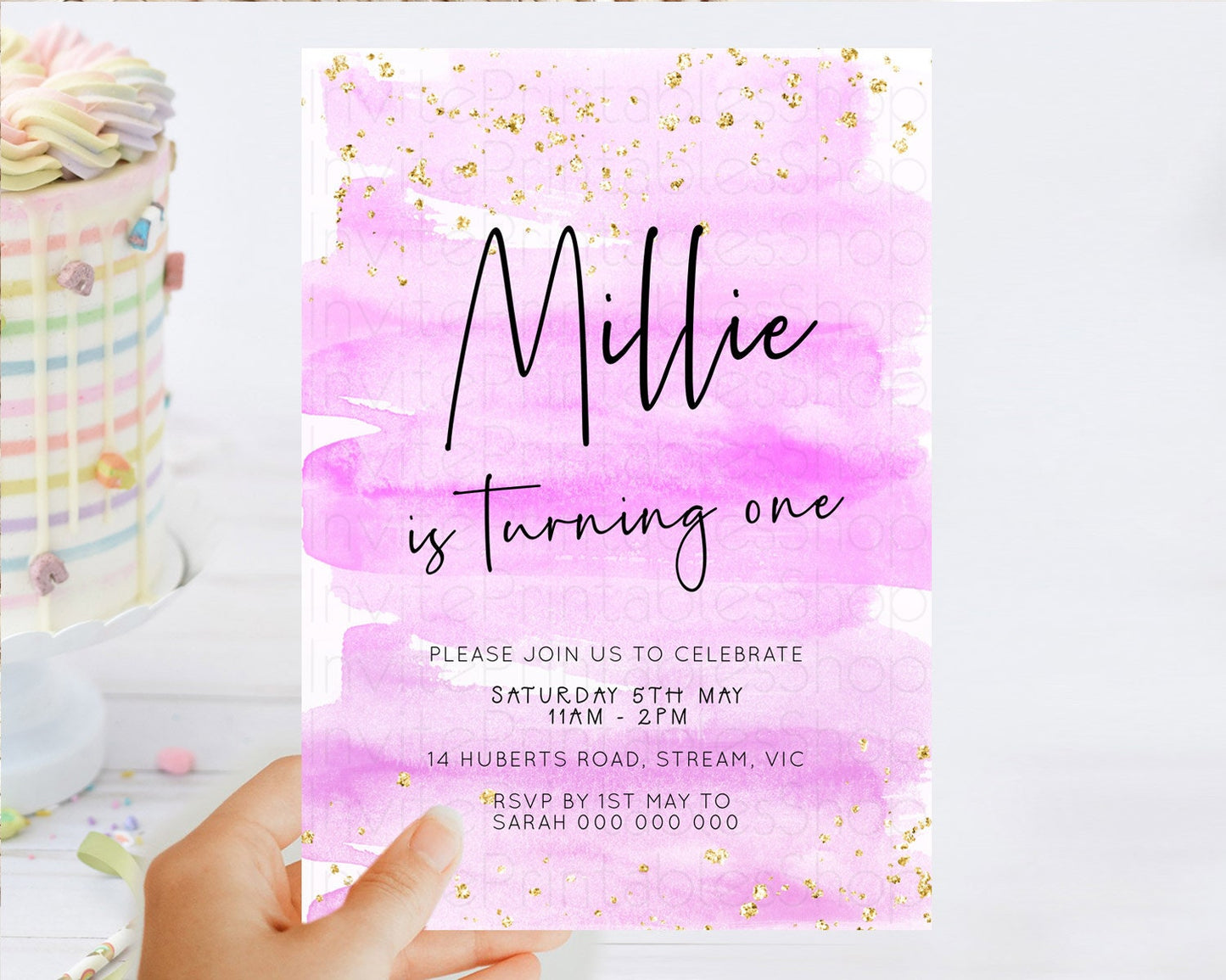 Pink Birthday Invitation pink Watercolor Invitation Pastel pink Watercolor Invitation pink Splash Gold Invitation 1st First Birthday D23048