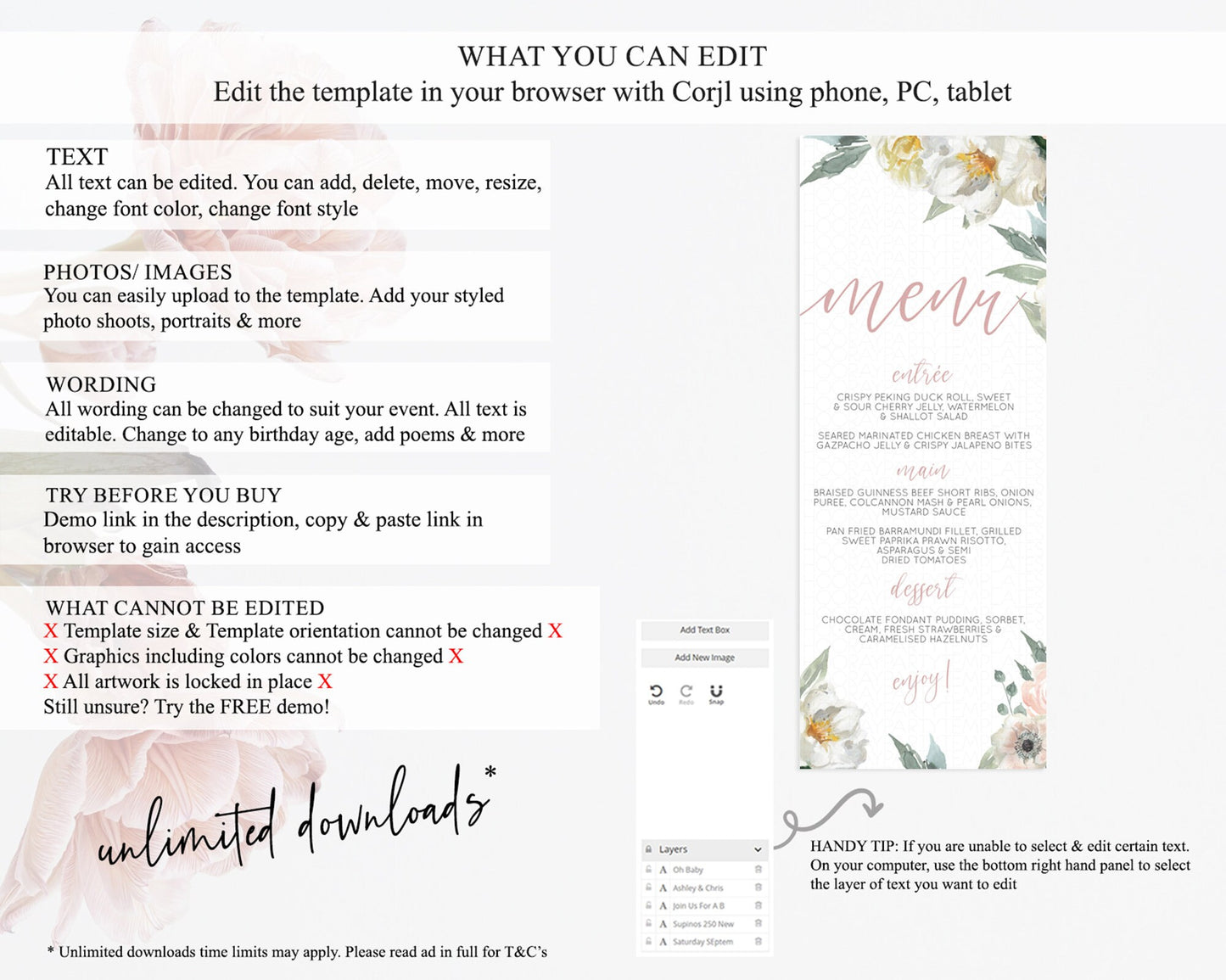 Secret Garden Menu Wildflower Menu Template Pastel Flower Garden Table Decor Boho Floral Dinner Dessert Floral Party Food Menu D10121