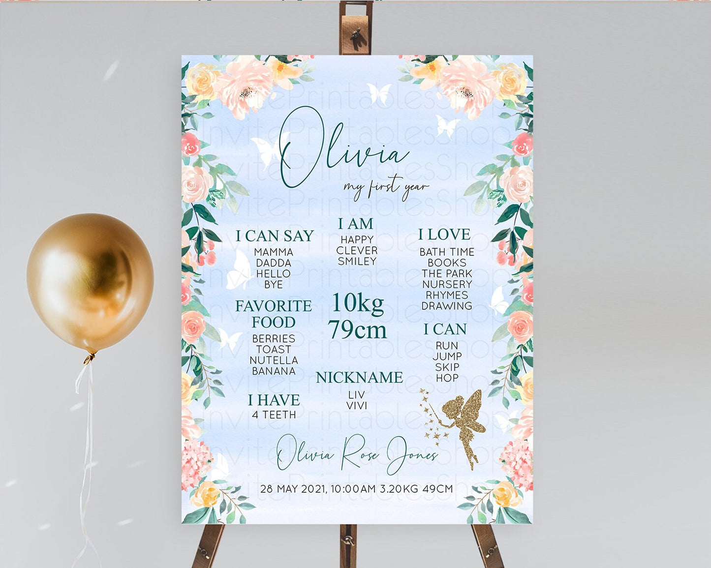 Fairy First Birthday Milestone Poster Fairy Secret Garden Milestone Board Enchanted Garden Pastel Floral Butterfly 1st Birthday Sign D10794