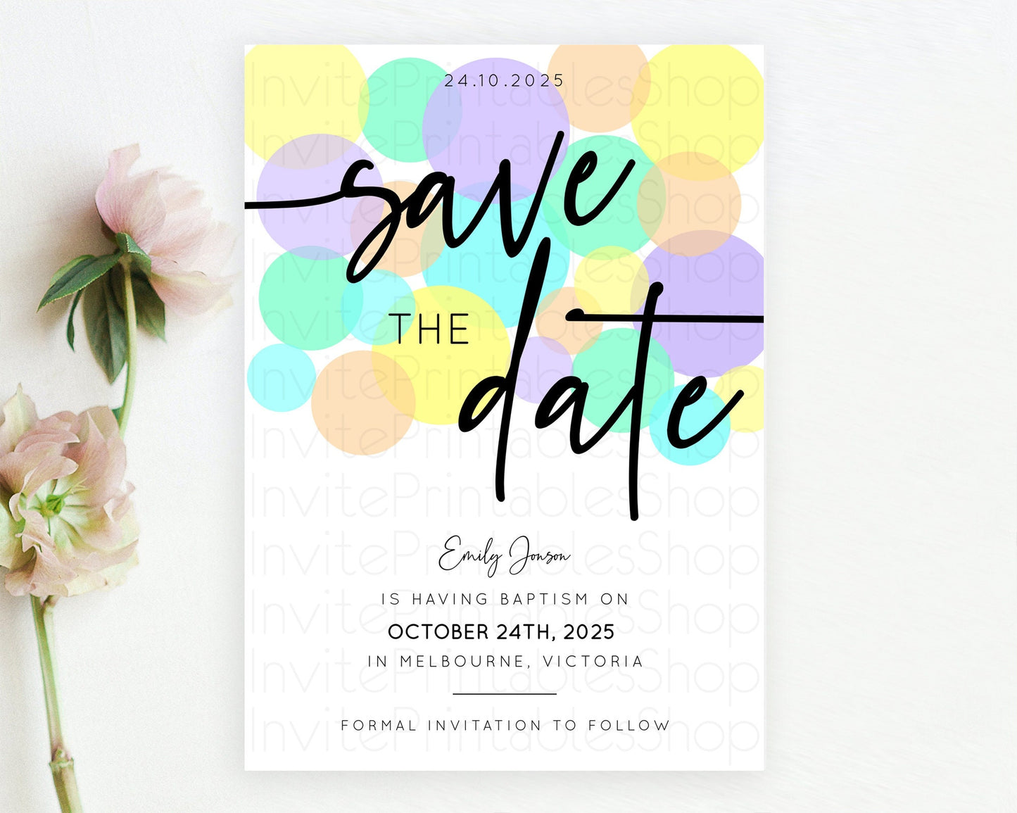 Pastel Confetti Save The Date Template Rainbow Colorful Sprinkles Party For 1st Birthday Baptism Baby Shower Wedding Bridal Shower D10415