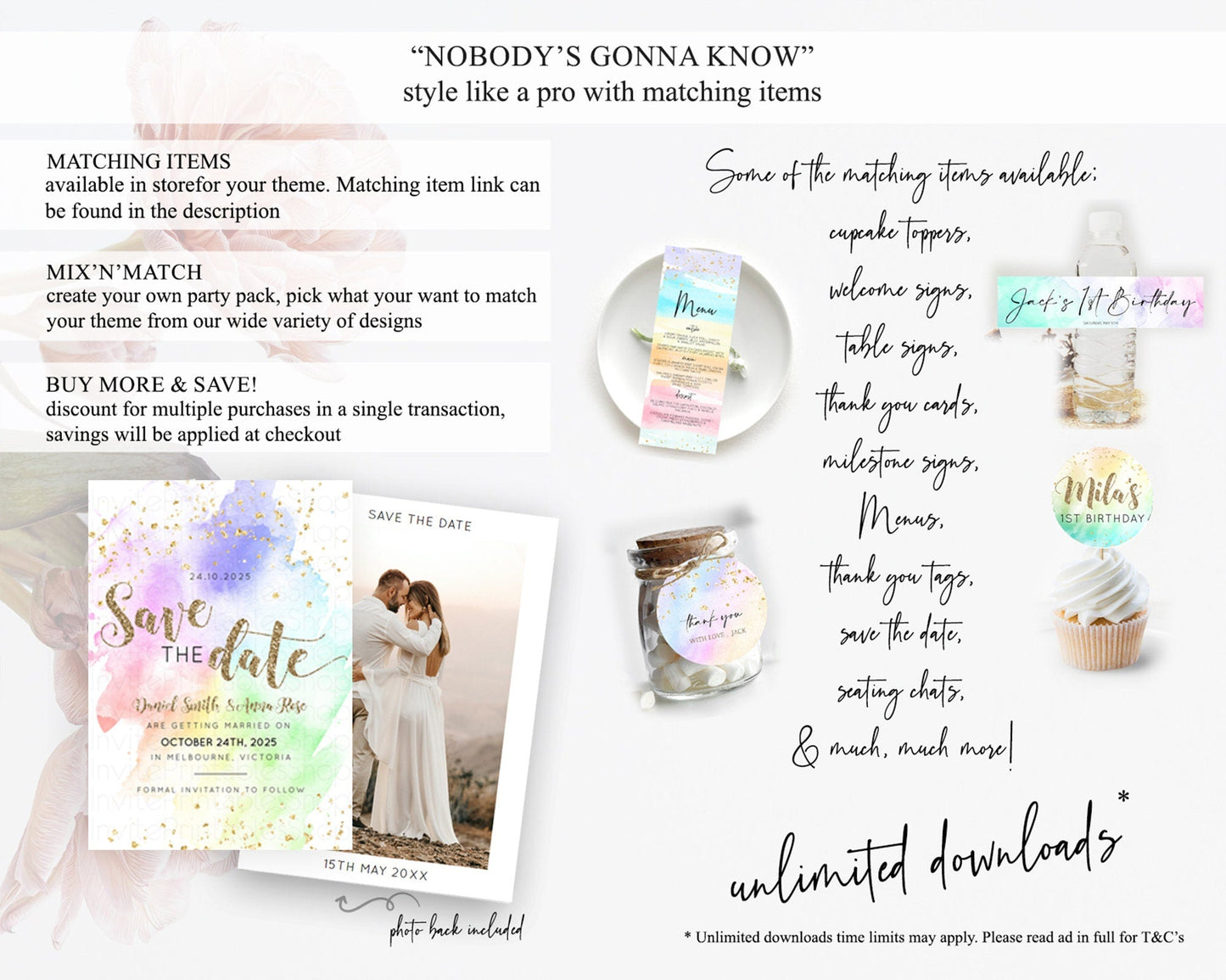 Pastel Save The Date Template Pastel Ombre Rainbow Watercolor Colorful Party For Birthday Baptism Baby Shower Wedding Bridal Shower D10319