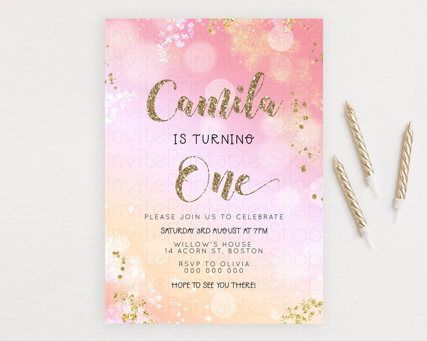 Rainbow Birthday Invitation Colorful Pastel Watercolor Invitation Gold Glitter Sprinkles Ombre Pastel 1st 2nd 3rd Birthday D23113