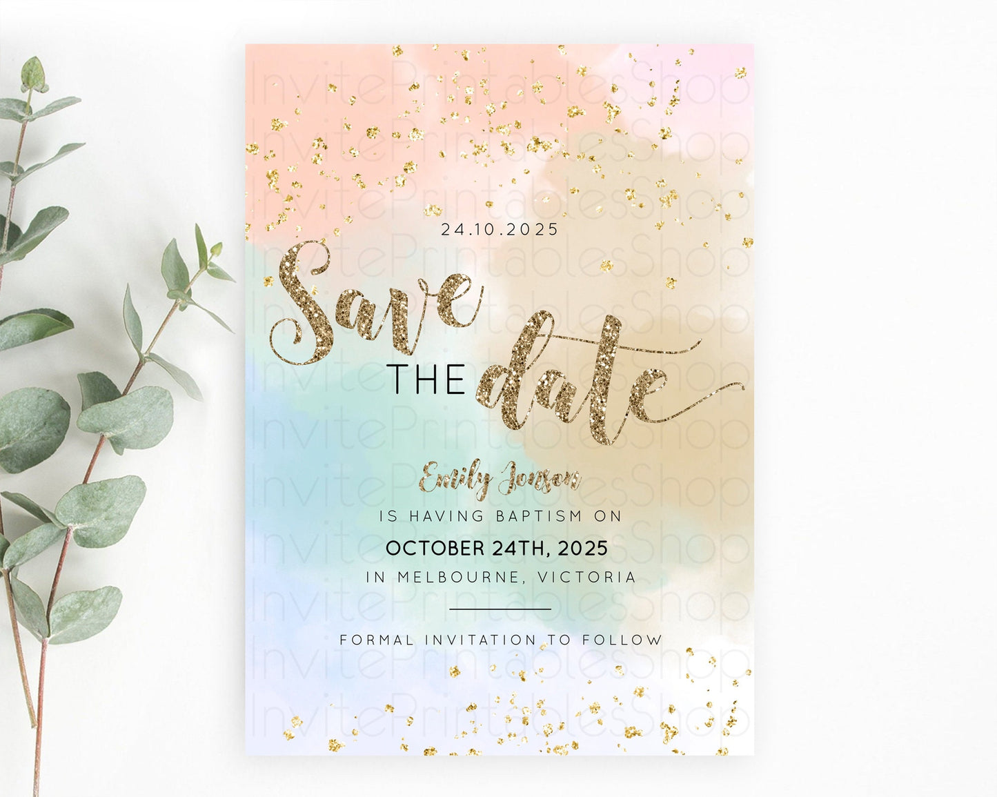 Pastel Save The Date Template Pastel Ombre Rainbow Watercolor Colorful Party For Birthday Baptism Baby Shower Wedding Bridal Shower D10377