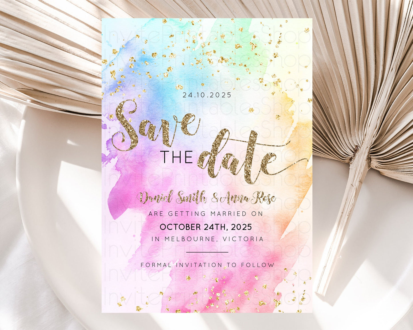 Pastel Save The Date Template Pastel Ombre Rainbow Watercolor Colorful Party For Birthday Baptism Baby Shower Wedding Bridal Shower D10450