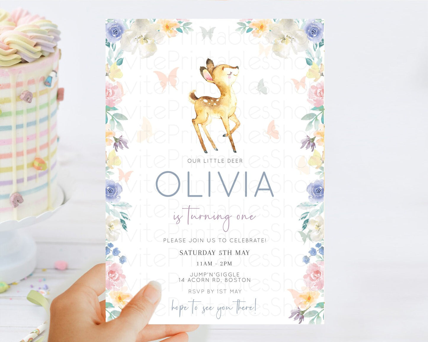 Fawn Birthday Invitation Deer Birthday Invitation Enchanted Forest Party Butterfly Pastel Flowers Whimsical 2nd 1st First Birthday D11035