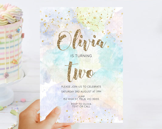 Rainbow Birthday Invitation Colorful Pastel Watercolor Invitation Gold Glitter Sprinkles Ombre Pastel 1st 2nd 3rd Birthday D10614