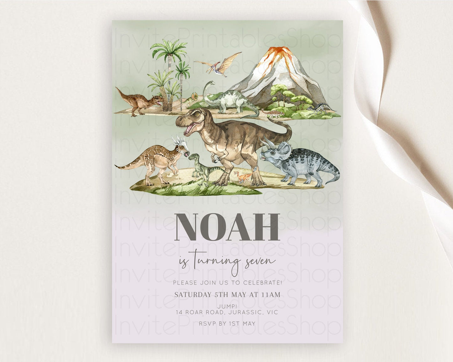 Dinosaur Birthday Invitation Dinosaur Volcano Invitation Watercolor Dinosaur Volcano T-Rex Raptor Jurassic 1st 2nd 3rd Birthday D10671