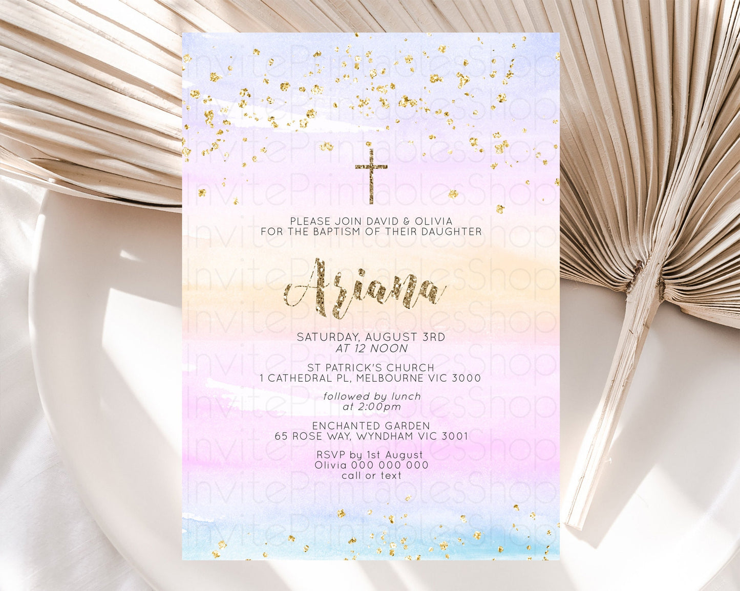 Pastel Baptism Invitation Pastel Colors Watercolor Baptism 1st Birthday Party Gold Ombre Pastel Rainbow Christening Holy Communion D10595