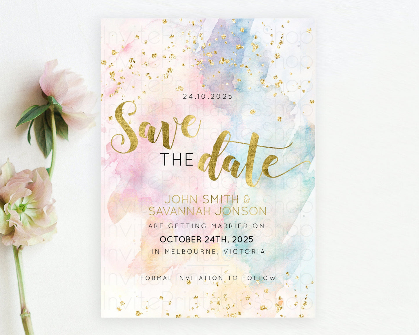 Pastel Save The Date Template Pastel Ombre Rainbow Watercolor Colorful Party For Birthday Baptism Baby Shower Wedding Bridal Shower D10265