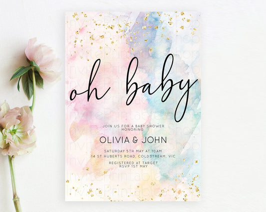 Editable Pastel Rainbow Baby Shower Invitation, Colorful Watercolor with Gol