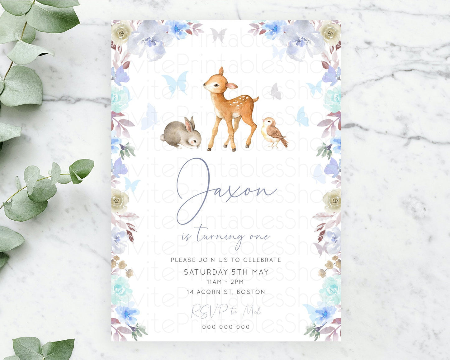 Fawn Birthday Invitation Deer Birthday Invitation Enchanted Forest Party Butterfly Pastel Flowers Whimsical 2nd 1st First Birthday D10929