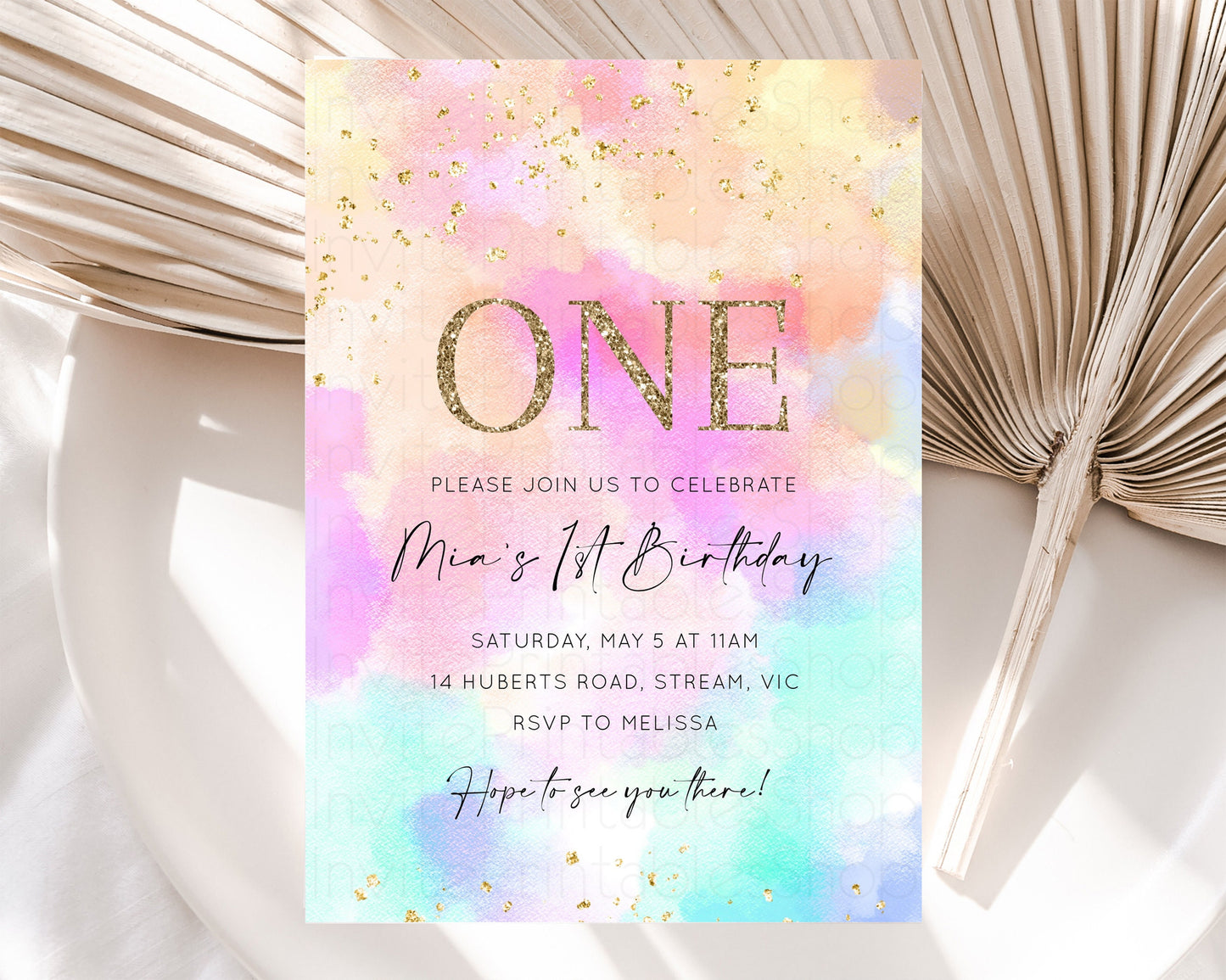 Rainbow Birthday Invitation Pastel Birthday Invite Ombre Watercolor Invite Enchanted Theme Colorful Splash Glitter Sprinkles 1st 2nd 3rd