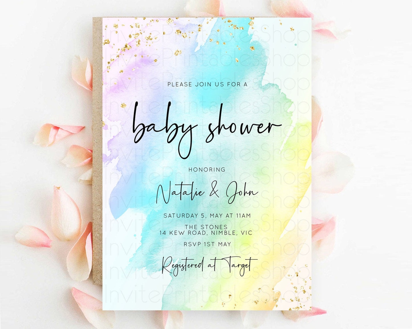 Pastel Baby Shower Invitation Rainbow Baby Shower Invitation Colorful Pastel Watercolor Invitation Gold Glitter Sprinkles Ombre D10171