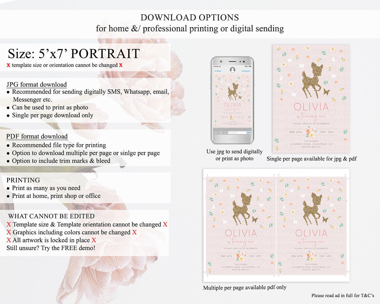 Fawn Birthday Invitation Deer Birthday Invitation Enchanted Forest Party Butterfly Pastel Flowers Whimsical 2nd 1st First Birthday D10386
