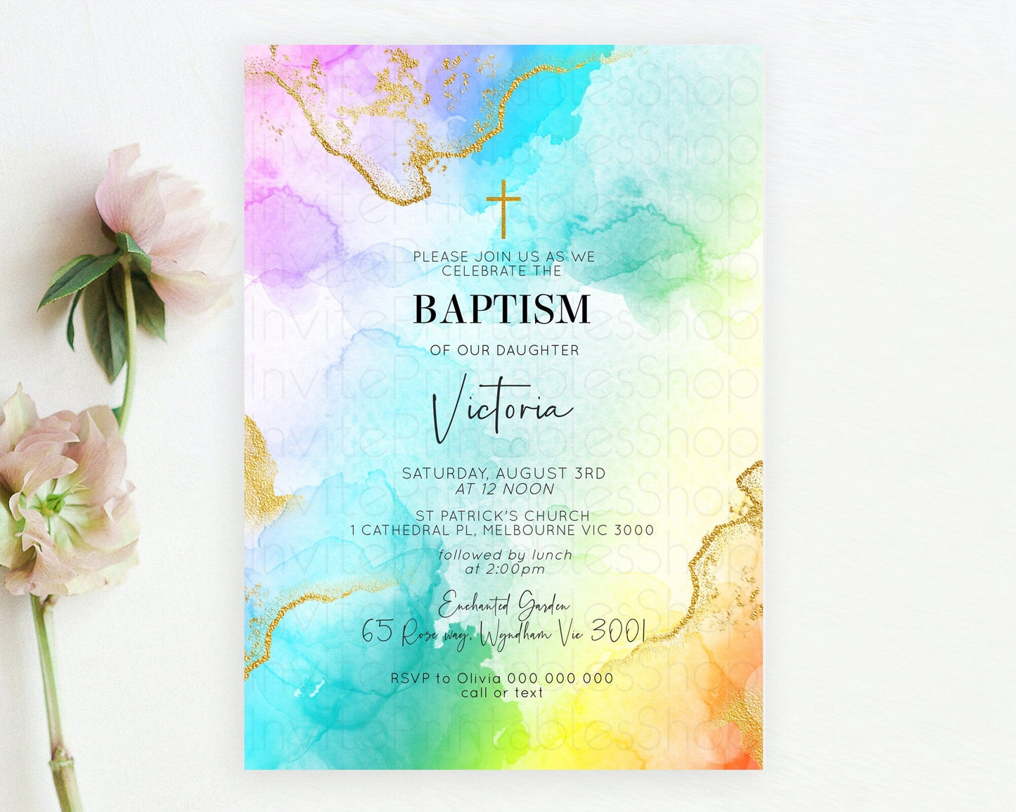 Pastel Baptism Invitation Pastel Colors Watercolor Baptism 1st Birthday Party Gold Ombre Pastel Rainbow Christening Holy Communion D10393