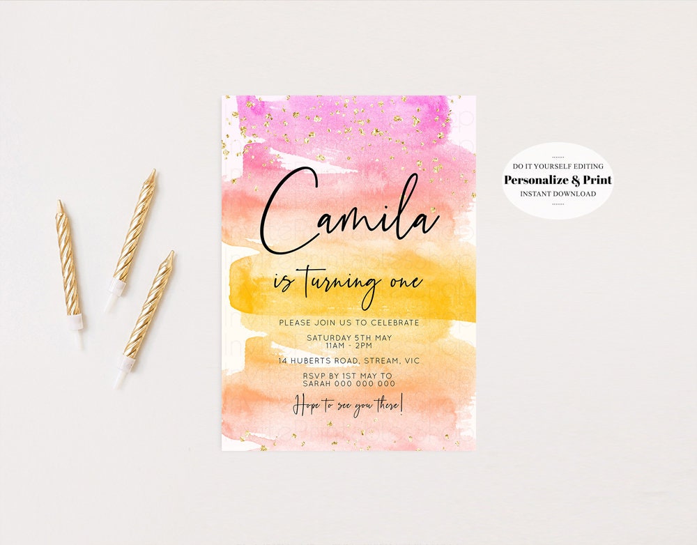 Pastel Birthday Invitation Pink Pastel Birthday Invitation Tropical Sunset Watercolor Invite Ombre Invitation Gold Glitter Sprinkles Invite