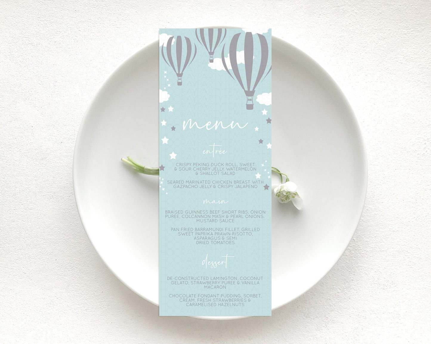 Hot Air Balloon Menu Hot Air Balloon Menu Template Hot Air Balloon Table Decor Adventure Awaits Dinner Dessert Party Food Menu D10324