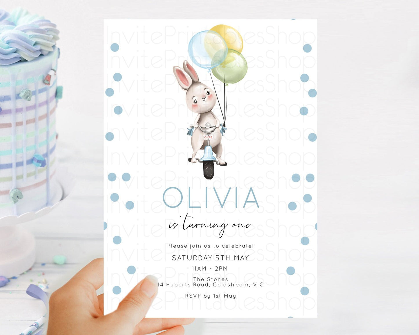 Bunny Birthday Invitation Pastel Bunny Invitation Bunny Balloon Invites Pastel Confetti Balloon Bunny Invites 2nd 1st First Birthday D10783