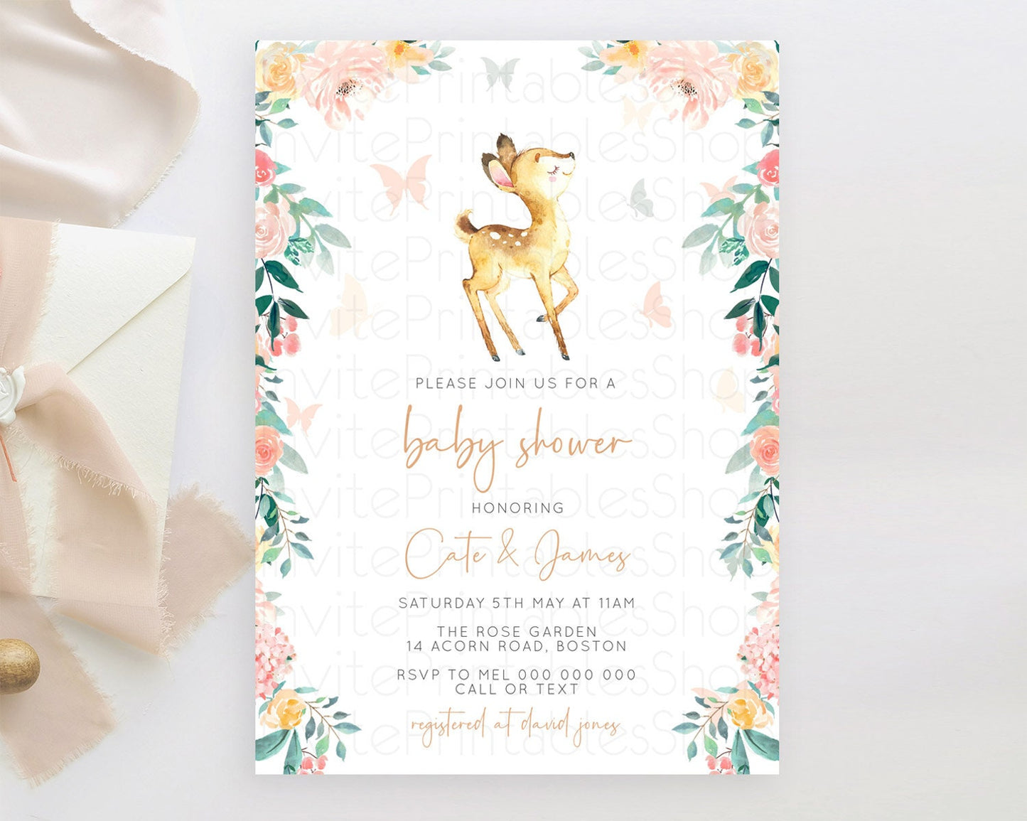 Fawn Baby Shower Invitation Deer Baby Shower Invites Enchanted Forest Theme Butterfly Pastel Flowers Whimsical Baby Shower D10753