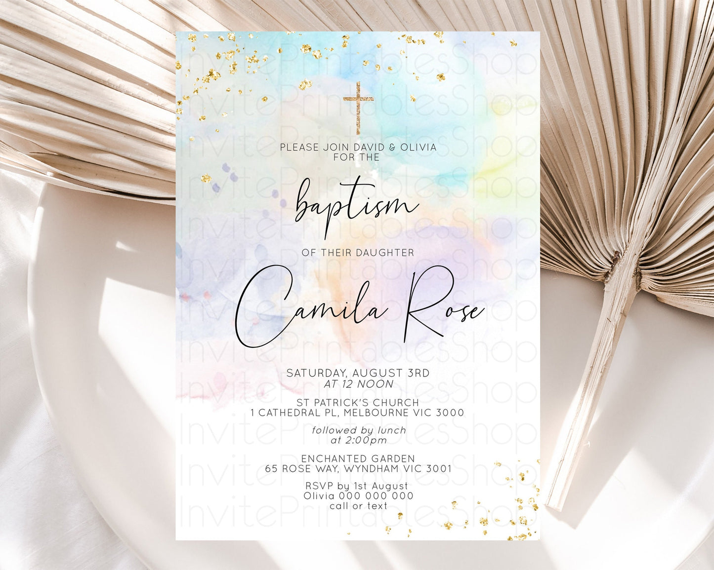 Pastel Baptism Invitation Pastel Colors Watercolor Baptism 1st Birthday Party Gold Ombre Pastel Rainbow Christening Holy Communion D10769